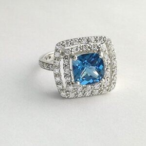 Swiss Blue Topaz white sapphire halo cocktail ring size 7 NEW